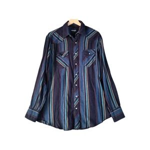 Vintage Wrangler Shirt Mens Large Blue Striped Pearl Snap Western Rodeo 90s